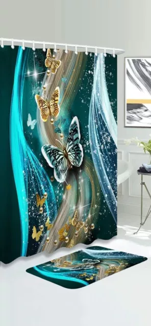 2pcs Bathroom Set (1x Polyester Shower Curtain and 1x Bath Mat) Butterflies Gold