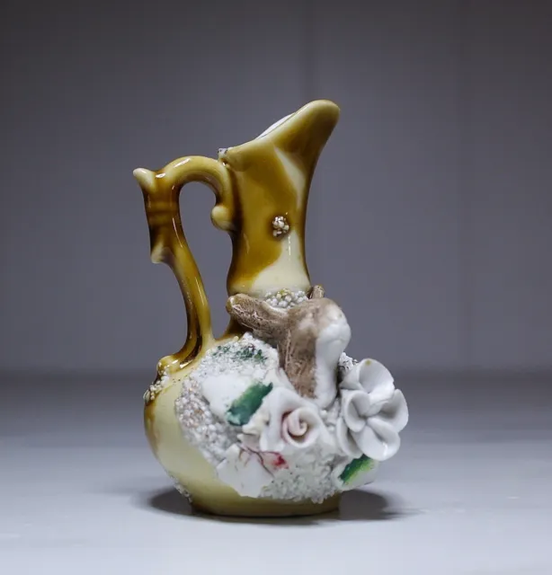 RARE Antique Vintage Miniature Ewer Jug Porcelain Rabbit & Flowers Motif Asian