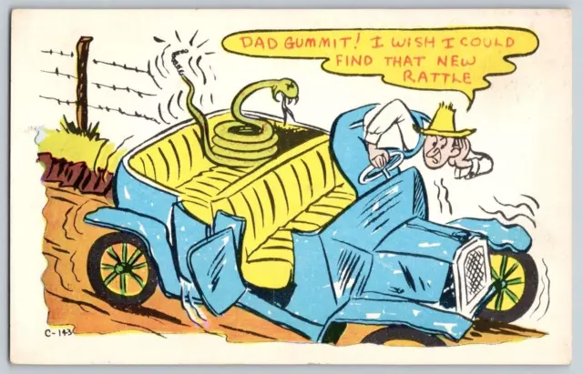 Vintage Comic Postcard~ Humor~ Hillbilly Car Problems~ New Rattle~ Rattlesnake