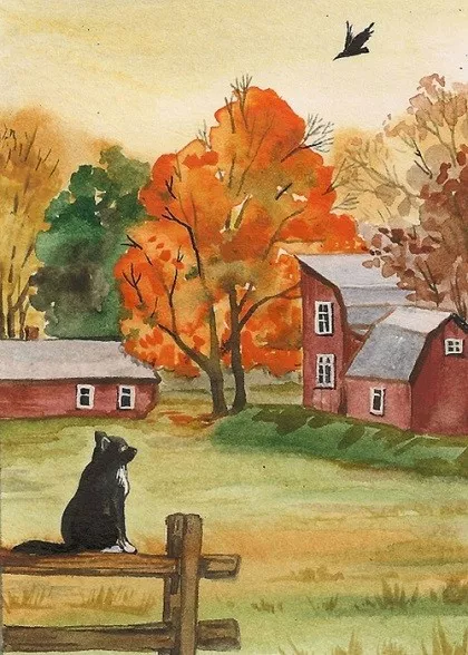 4x4 Print Of Painting Ryta Folk Art Black Cat Landscape Farm Fall Autumn  Duck 🍁
