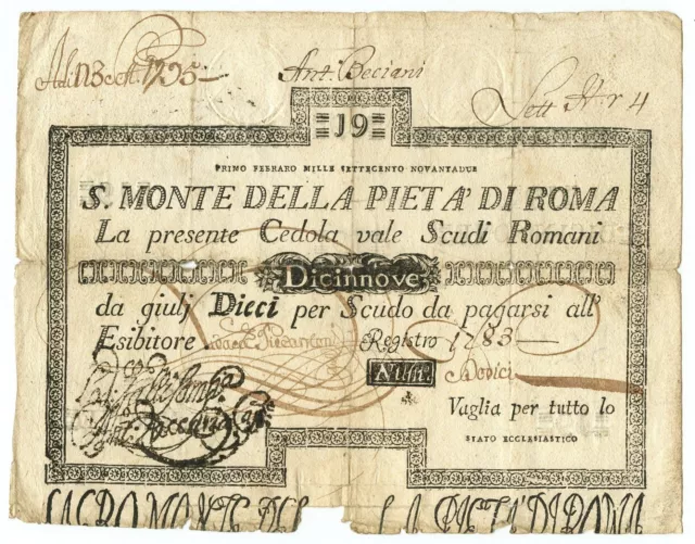 19 Scudi Cedola Sacro Monte Della Pietà Di Roma 01/02/1792 Mb
