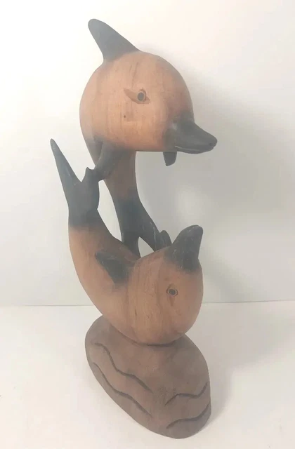 Wood Carved Dolphins Playing Swimming In Love 14" X 8"× 6" Ap. Vintage Souvenir