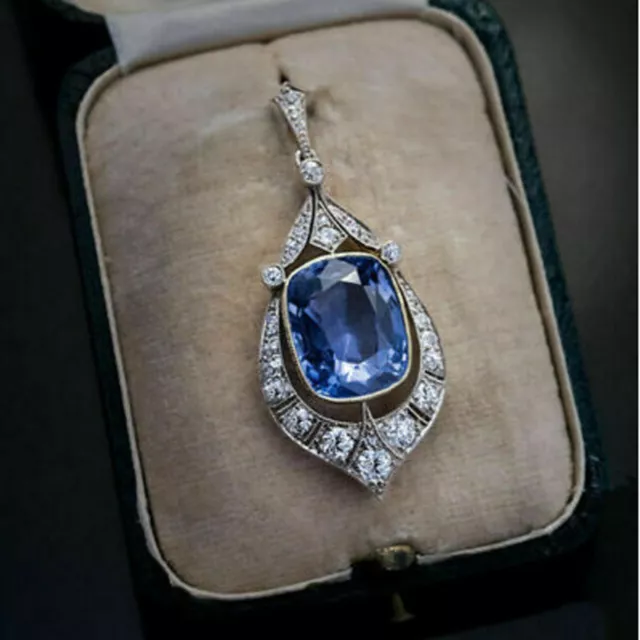 12.47 CT Simulé Saphir Bleu & Diamant Vintage Art Déco Pendentif 18 " Argent