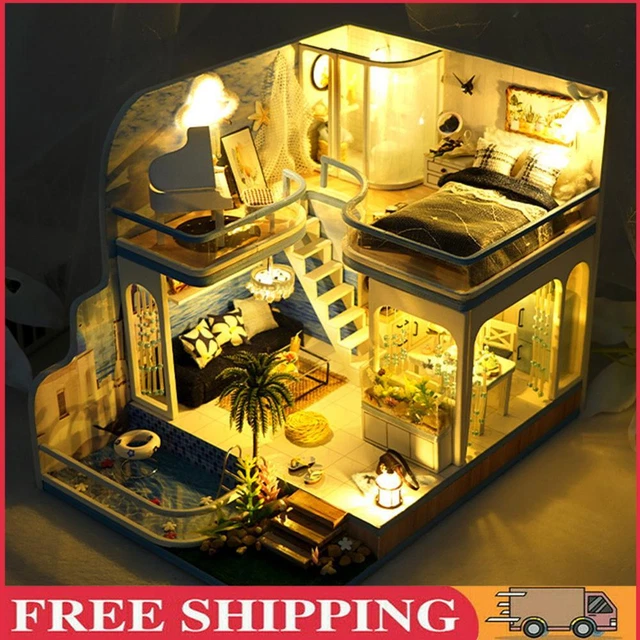 Wooden DIY Doll House with Dust Cover/Light/Accessories Gift for Boys Girls