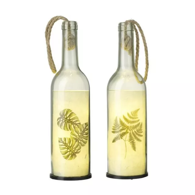 Light Up Bottle Set Botanical Theme Shabby Chic Rope Handle Battery Large 70cc