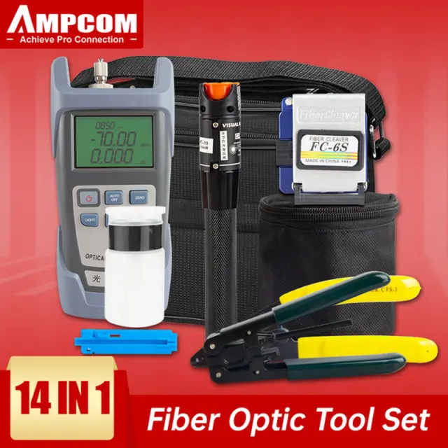 AMPCOM 14 in 1 Fiber Optic Tool Kit with Fiber Cleaver Visual Fault Locator FTTH