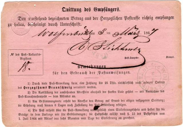 Braunschweig Postanweisung A 1 mit blauem Rahmenstempel LANGELSHEIM 1867 2