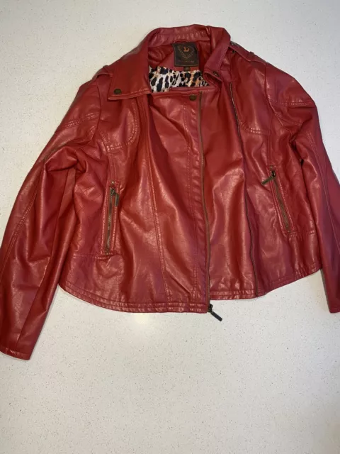 Red Faux Leather Moto Jacket Leopard Print Lining Dollhouse Women's Size 1X