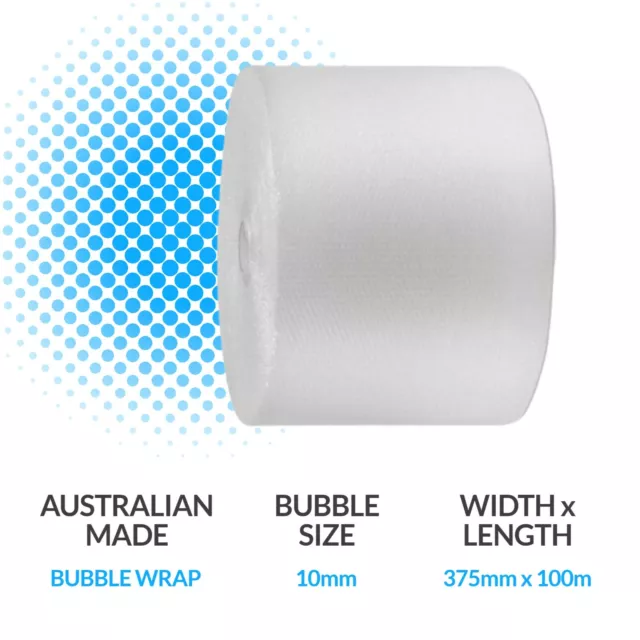 Bubble Wrap 375mm x 100m Cushioning Clear Bubbles Size 10mm 100 Metres Per Roll