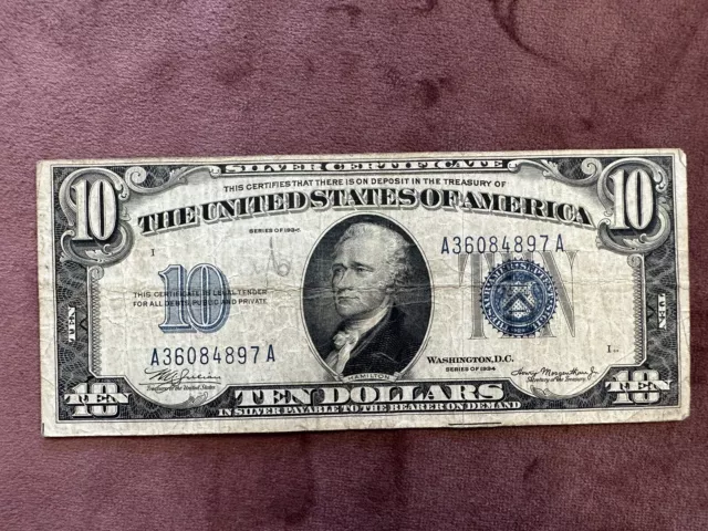 1934 Ten Dollar Blue Seal Note Silver Certificate Old US Bill $10 Money Currency