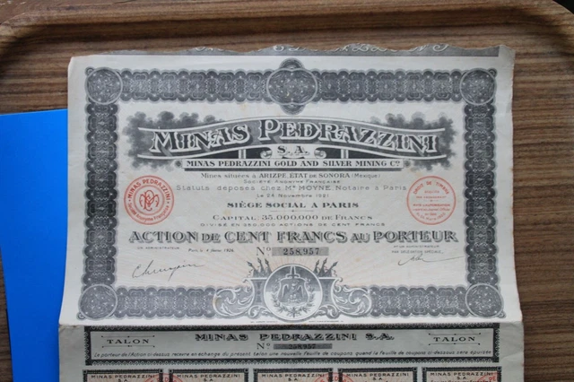 ACTION  DE 100fr AU PORTEUR "compagnie minière de NINAS PEDRAZZINI  1926