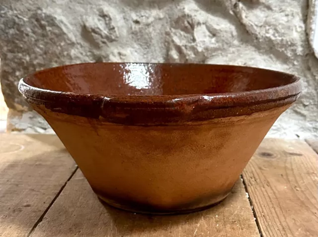 Antique French Terracotta Tian Dairy Bowl Pancheon 33cm Brown Glazed Interior