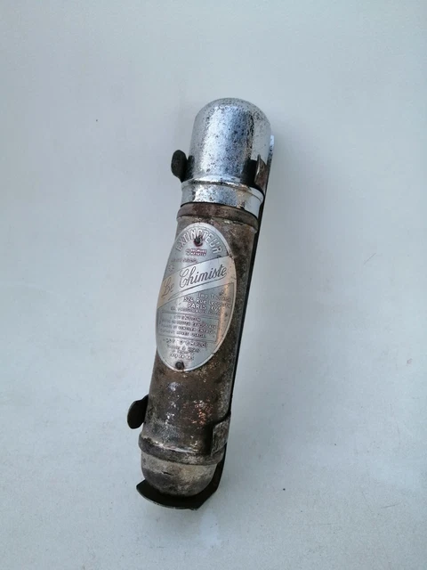Extincteur Automobile LE CHIMISTE ancien + Support 1930-1950 plein jamais ouvert