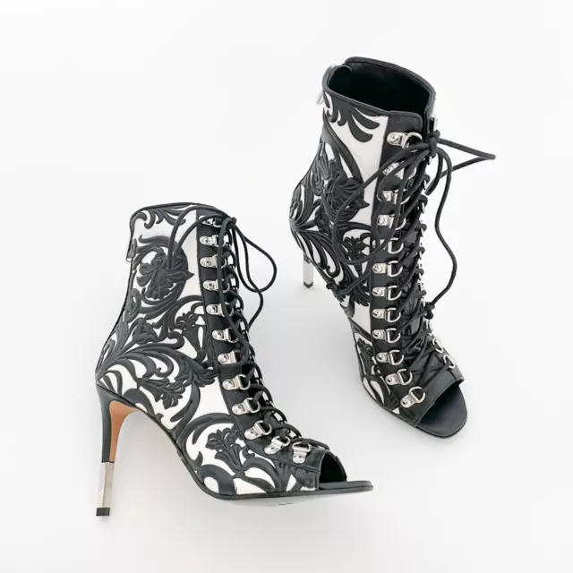 Balmain Lace Up Booties EU 38.5 US 8.5 Black Floral High Heel Peep Toe Boot