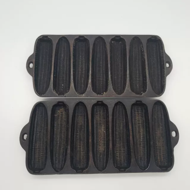 VTG Pair Cornbread Muffin Pan Cast Iron 7 Ear of Corn Mold Skillet B Made in USA