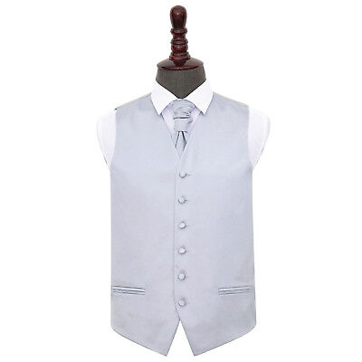 Silver Mens Waistcoat Cravat Set Satin Plain Solid Wedding Tuxedo by DQT