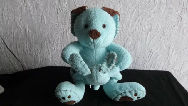 doudou  peluche  lapin   bleu , marron +son bebe  qui lui fait un bisou VM/WB