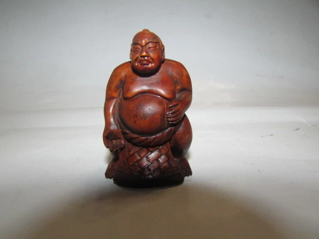 Antique Old Japanese boxwood hand carved yokozuna sumo wrestle Netsuke F/S