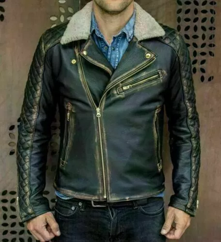 Cafe Racer Herren Biker Pelzkragen Distressed Schwarz Echtleder Jacke