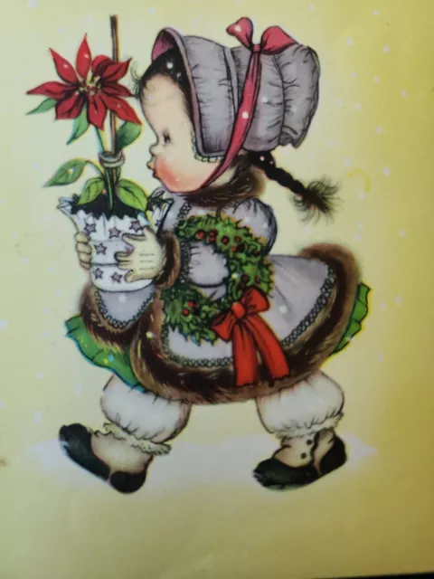Vtg Christmas Greeting Card Girl Poinsettia Wreath Herbert Dubler ARS SACRA 40s