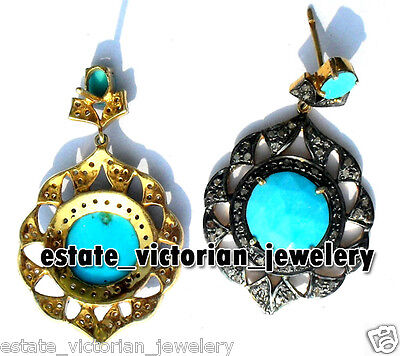 Amazing 3.57ct Rose Cut Diamond Turquoise Studded Silver Vintage Earring Jewelry