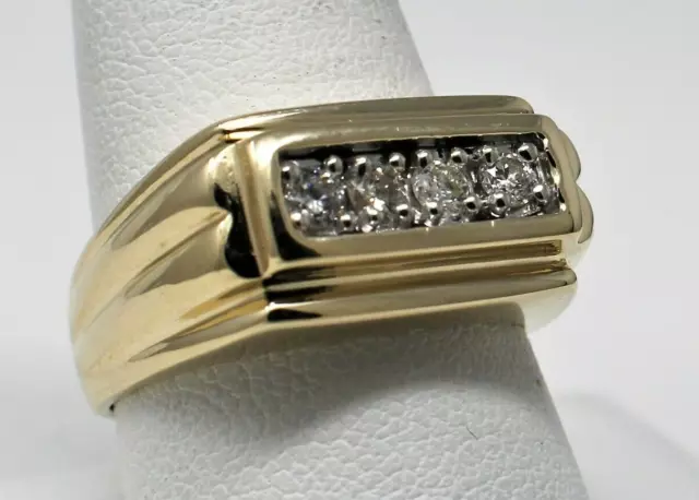 14 kt Gold Mid-Century 4-Stone Diamond Flat Top Ribbed Band Ring Sz 10 B2470