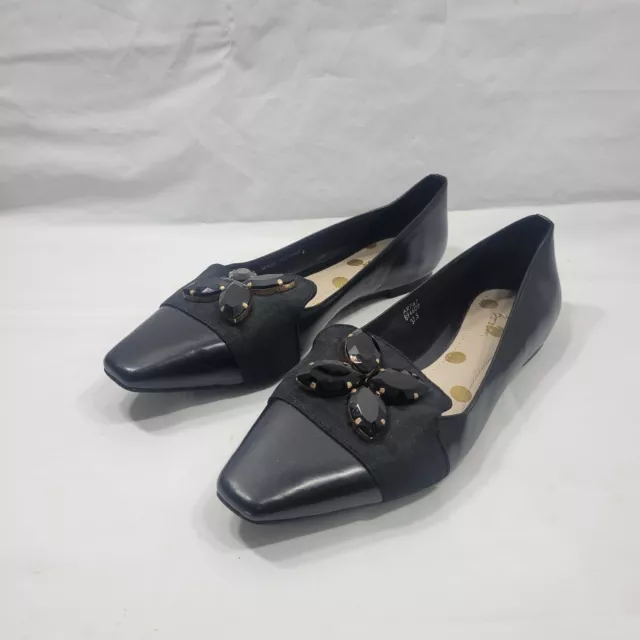 Boden Ballet Flats Women Size 37.5 EU, Size 7 US Beaded Square Toe Black Leather