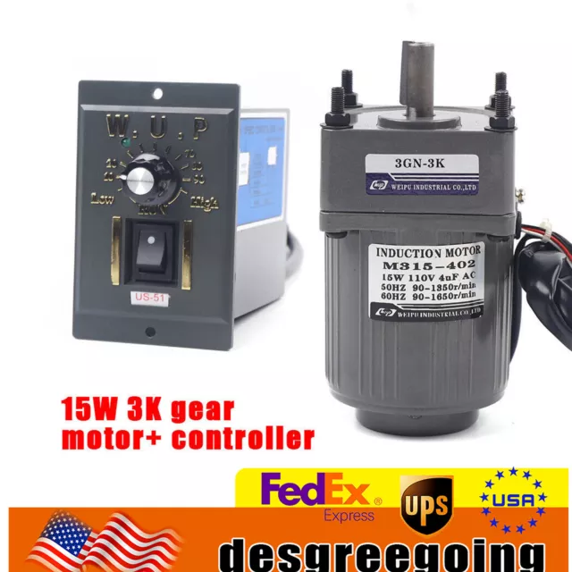 110V AC Gear Motor Electric + Variable Speed Controller 1:3 0-450 RPM 15W Motor