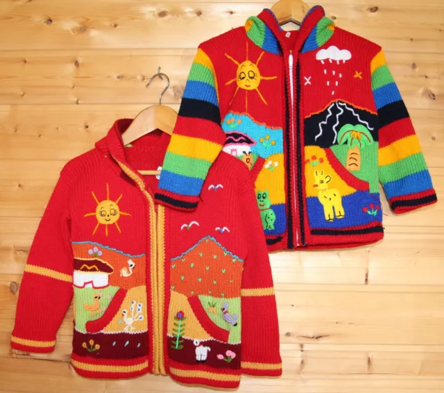 Cardigan bambini rosso 92/98 cappuccio con punta Perù alpaca andine animali