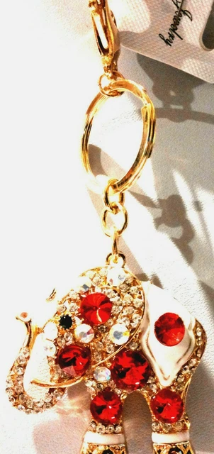 Porte-clés Ou Bijou De Sac En Métal - Motif éléphant Avec Strass Blanc, Or Et Noir - Neuf Avec étiquettes