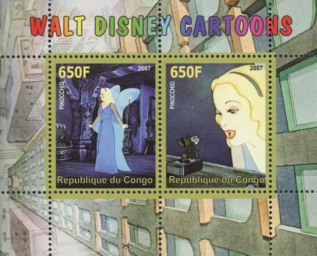 Walt Disney Stamp Cartoon Pinocchio Movie Souvenir Sheet of 2 Stamps Mint NH