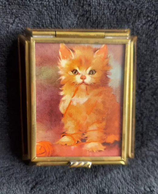 Vintage Brass & Glass Fluffy  Orange Tabby Kitten Cat Trinket Jewelry Box Holder