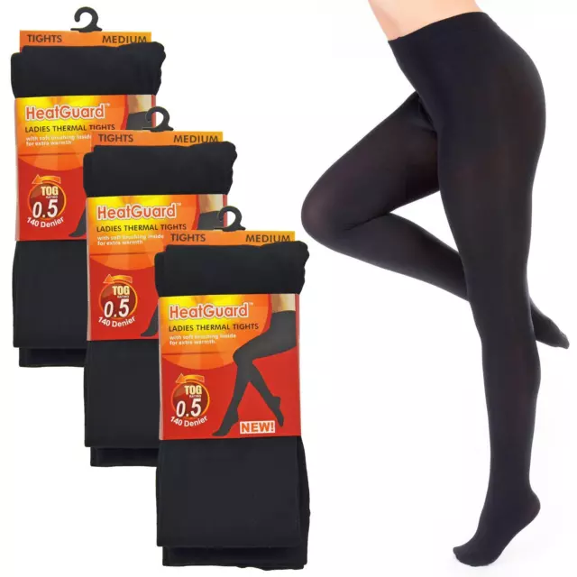 3 Pairs Womens HeatGuard Thermal Tights Black 140 Denier 0.5 TOG Warm Accessory