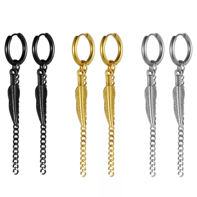 Men Women Stainless Steel Feather Pendant Charm Drop Dangle Earrings Hoop Tassel