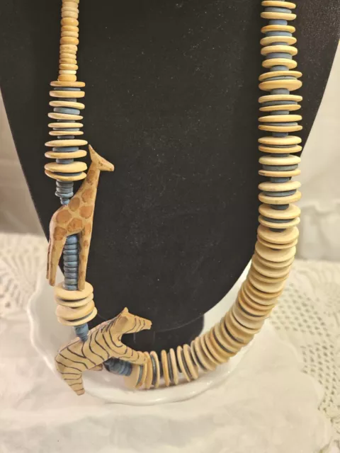 Vtg Safari Hand Carved Wooden Beaded  Necklace 28” Giraffe Zebra Statement Light