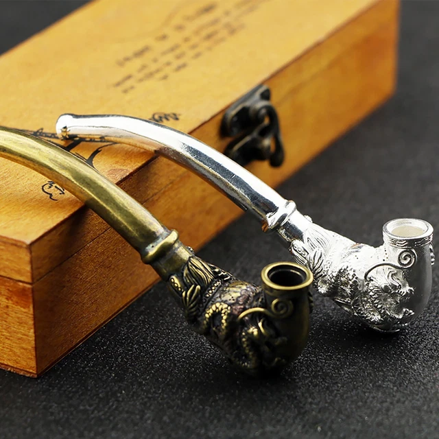 2PCS Retro Bronze Dragon Silver Phoenix Head Smoking Tobacco Pipe Hand Carved