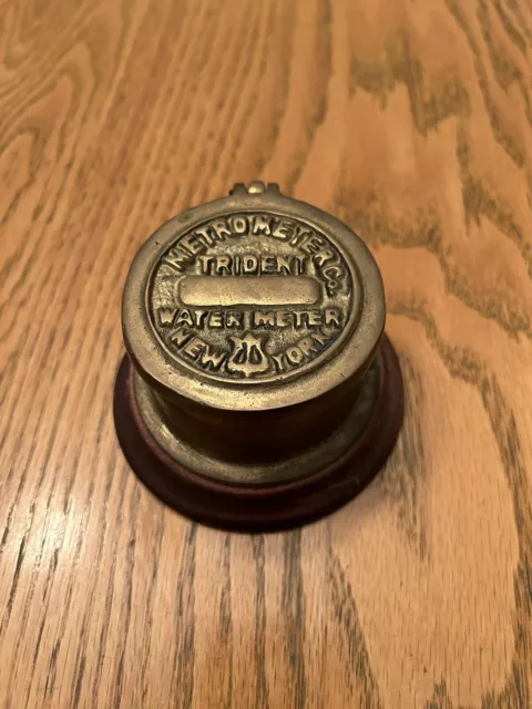 Vintage Neptune Water Meter Trident New York Brass Lid Trinket Box  Wood Base