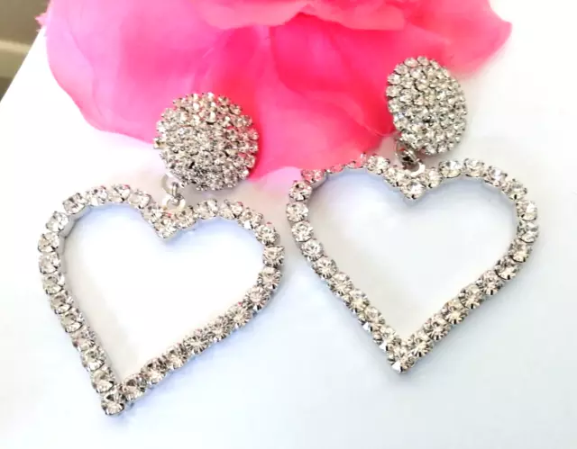 Auth Signed ALESSANDRA RICH Gleaming Crystal HEART Silvertone Clip Earrings 10cm