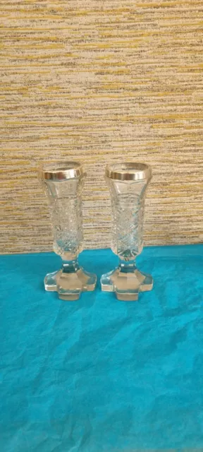 2X Antique posy vases 1901 Birmingham Hallmark cut glass silver rimmed. H:6".