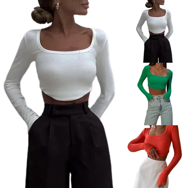 Top da Donna Basic Solido Maglietta Camicetta Ritaglio Manica Lunga Basso Taglio