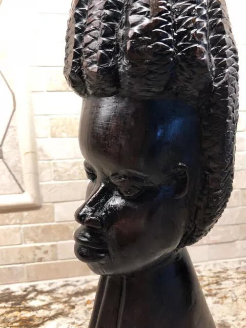 14 1/2" Hand Carved African Woman Ebony Wood Sculpture Statue Bust