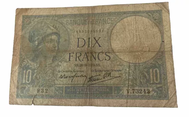 Banque De France Dix Francs 10 1939 Banknote.  Circulated.  World War II.