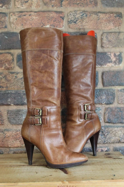 BROWN LEATHER HIGH Heel Tall Slim Style Boots Size 6 / 39 By River ...