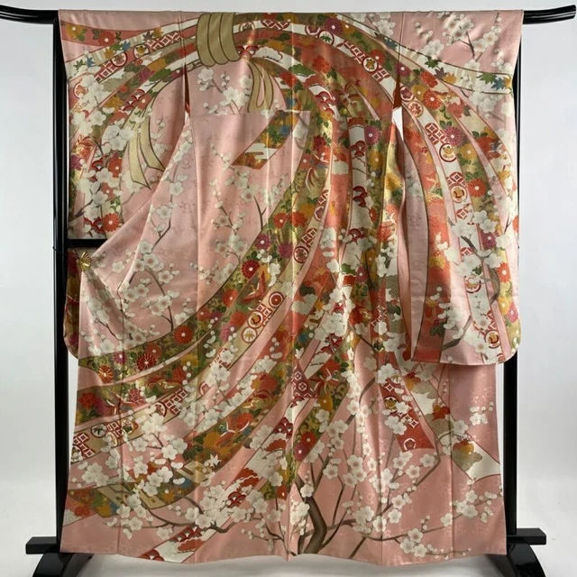 Woman Japanese Kimono Furisode Silk Noshi PlumBlossom Gold Foil Pink