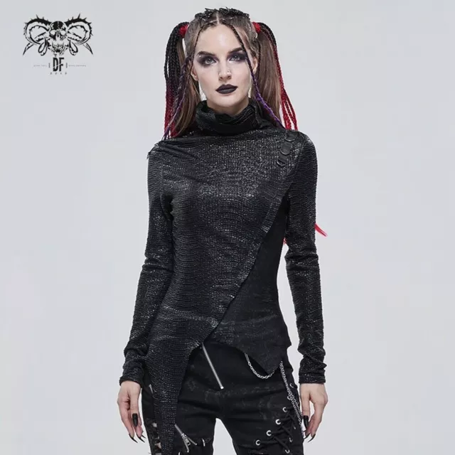 Devil Fashion Punk Women's High Collar Slim Tops Sexy  Asymmetrical Hem T-shirt