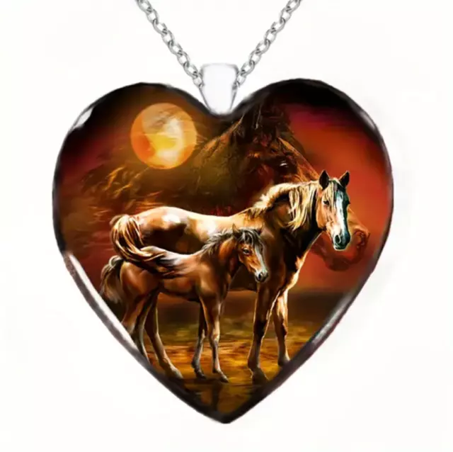 Western Painted Horse Necklace Heart Shape Pendant Chain Animal Cowgirl Jewelry