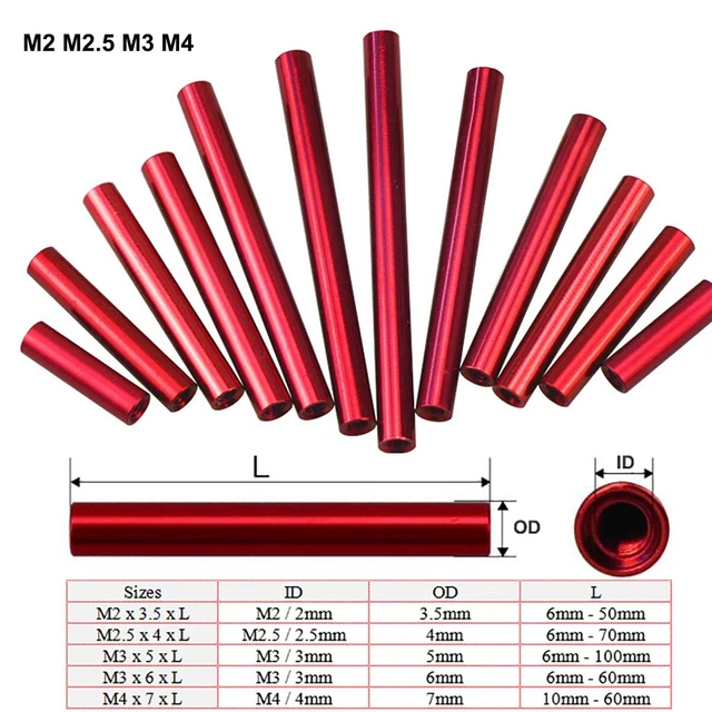 Red M2 M2.5 M3 M4 Aluminum Round Threaded Sleeve Standoff Pillar Connector Nuts