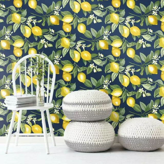 RMK11657WP Lemon Zest Yellow and Navy Peel and Stick Wallpaper, Roll