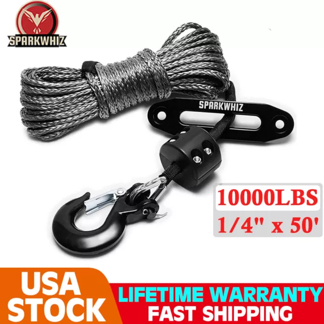 1/4" x 50' Synthetic Winch Line Cable Rope W/ Sleeve + Winch Hook For UTV ATV US