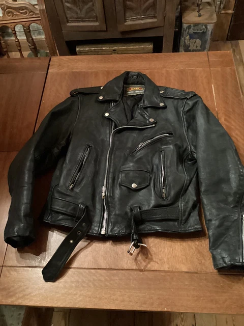 Mens Vintage UNIK Heavy Black Leather Quilt Lined Motorcycle Jacket Size 44